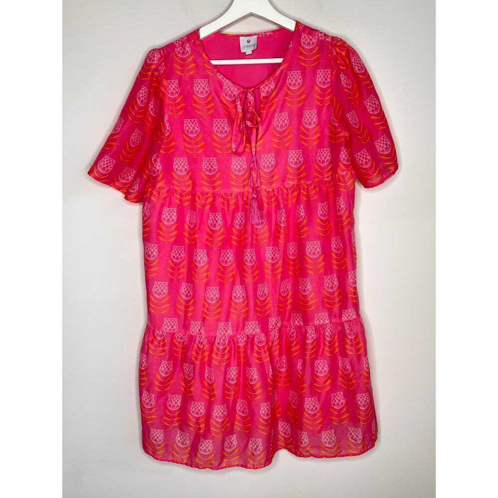 J. Marie The Maeve Short Sleeve Tie Neck Tiered Mini Sundress Pink Womens Size M - Picture 2 of 11
